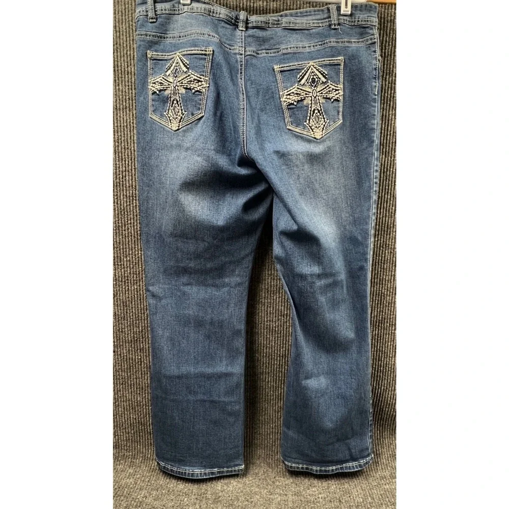 Elite Bootcut Denim Jeans Womens 19/20 Blue Distressed Stretch‎ Pant Embroidered